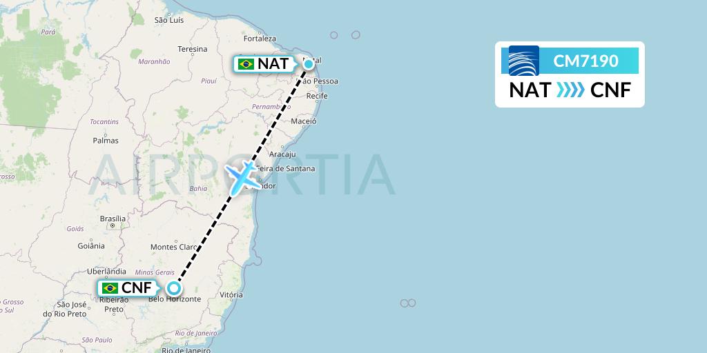 CM7190 Copa Airlines Flight Map: Natal to Belo Horizonte