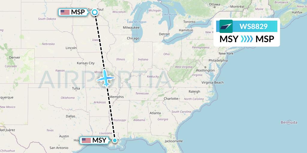 WS8829 WestJet Flight Map: New Orleans to Minneapolis