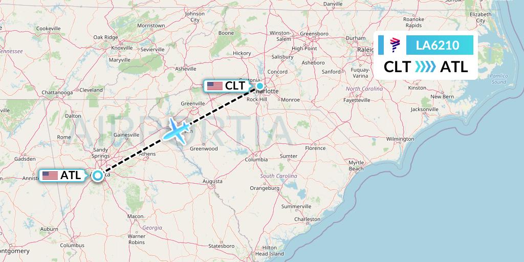 LA6210 LAN Airlines Flight Map: Charlotte to Atlanta