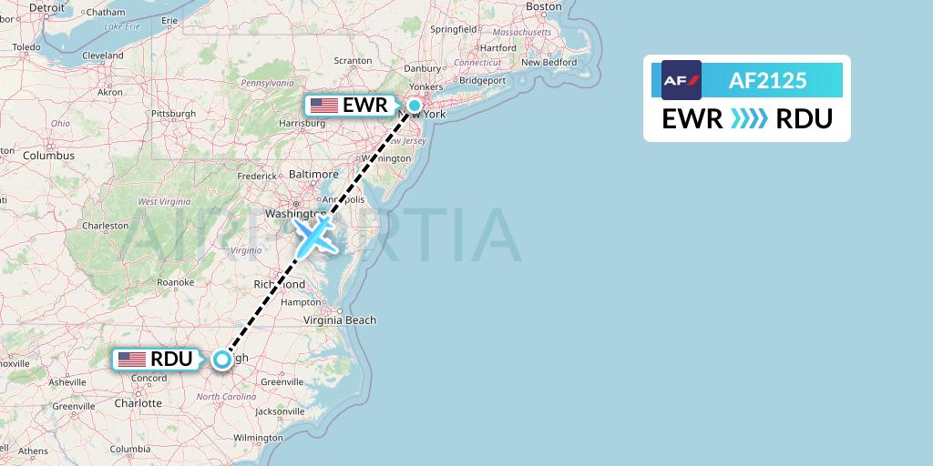 AF2125 Air France Flight Map: New York to Raleigh-Durham