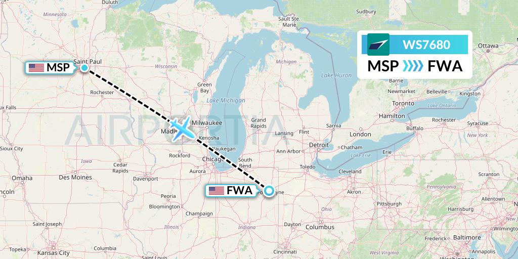 WS7680 WestJet Flight Map: Minneapolis to Fort Wayne
