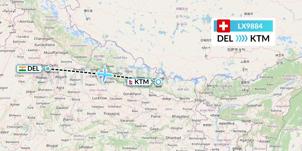 LX9884 Swiss Flight Map: Delhi to Kathmandu