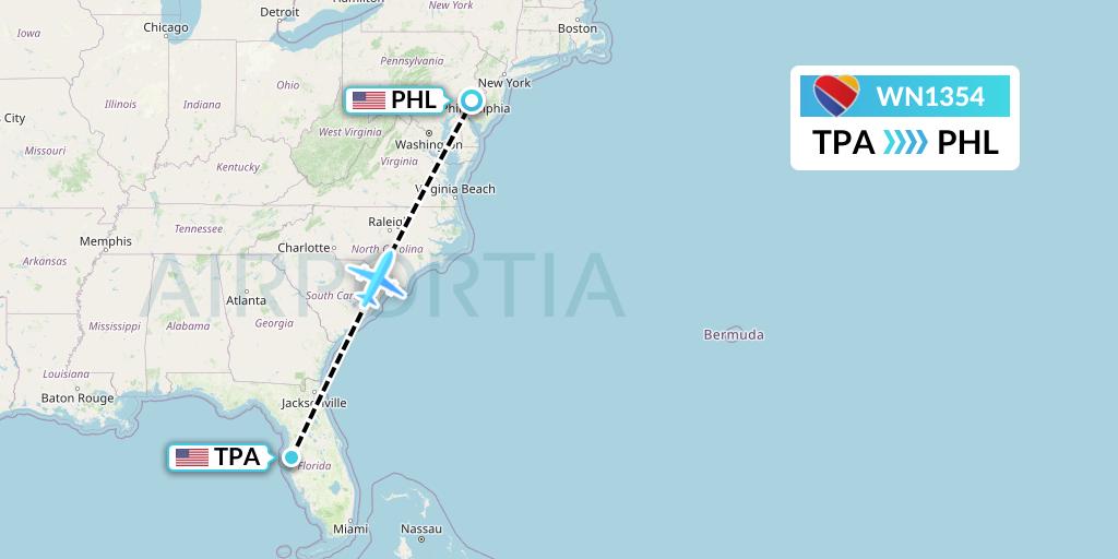 WN1354 Southwest Airlines Flight Map: Tampa to Philadelphia