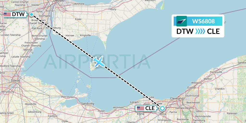 WS6808 WestJet Flight Map: Detroit to Cleveland