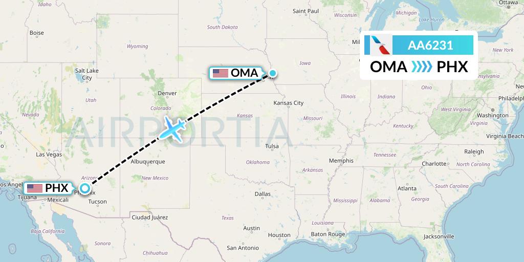 AA6231 American Airlines Flight Map: Omaha to Phoenix