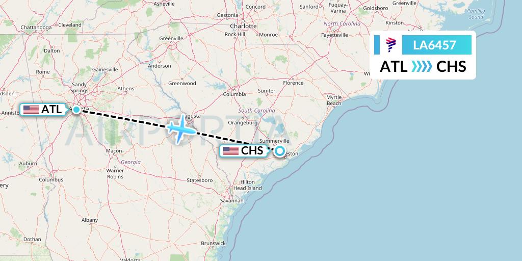 LA6457 LAN Airlines Flight Map: Atlanta to Charleston
