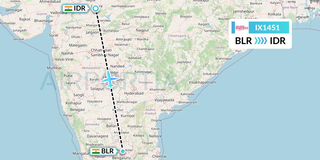 IX1451 Air India Express Flight Map: Bangalore to Indore