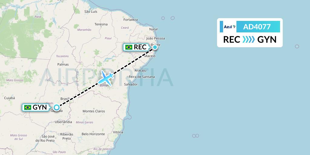 AD4077 Azul Brazilian Airlines Flight Map: Recife to Goiania
