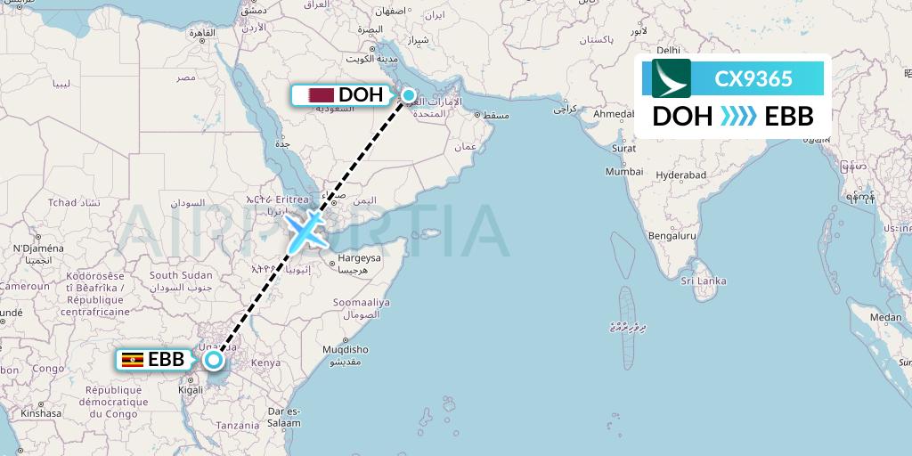 CX9365 Cathay Pacific Flight Map: Doha to Entebbe