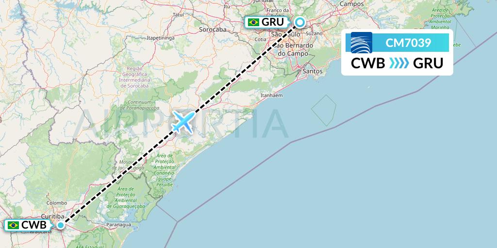 CM7039 Copa Airlines Flight Map: Curitiba to Sao Paulo