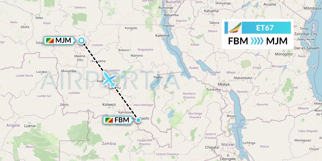 ET67 Ethiopian Airlines Flight Map: Lubumbashi to Mbuji Mayi