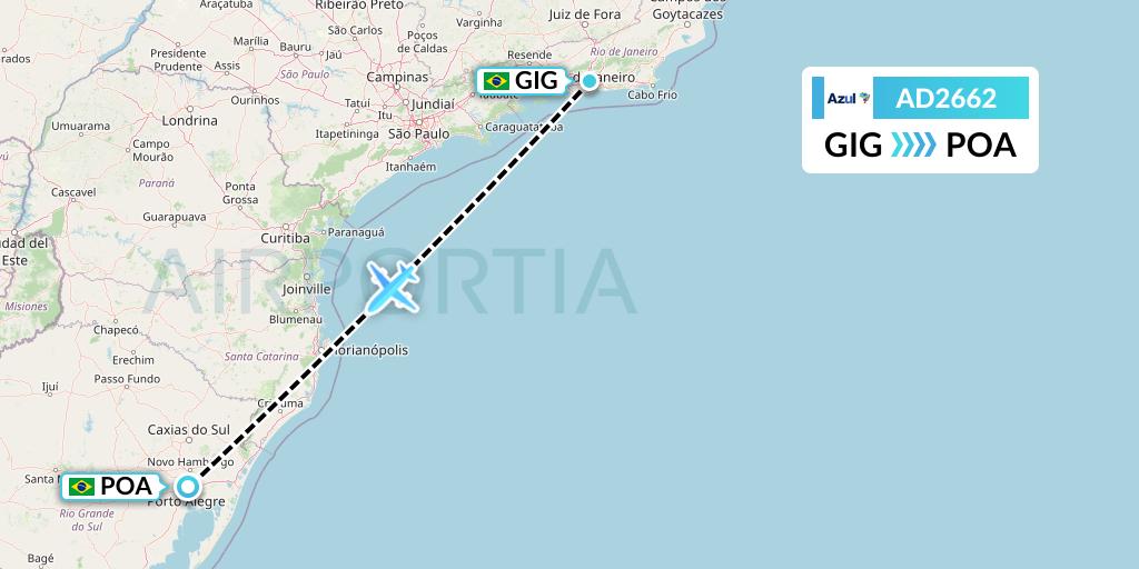 AD2662 Azul Brazilian Airlines Flight Map: Rio de Janeiro to Porto Alegre