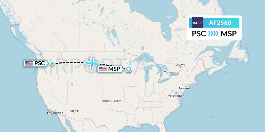 AF2560 Air France Flight Map: Pasco to Minneapolis