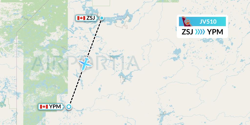 JV510 Bearskin Airlines Flight Map: Sandy Lake to Pikangikum