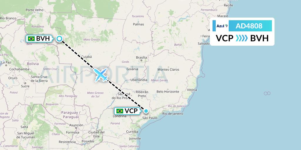 AD4808 Azul Brazilian Airlines Flight Map: Campinas to Vilhena