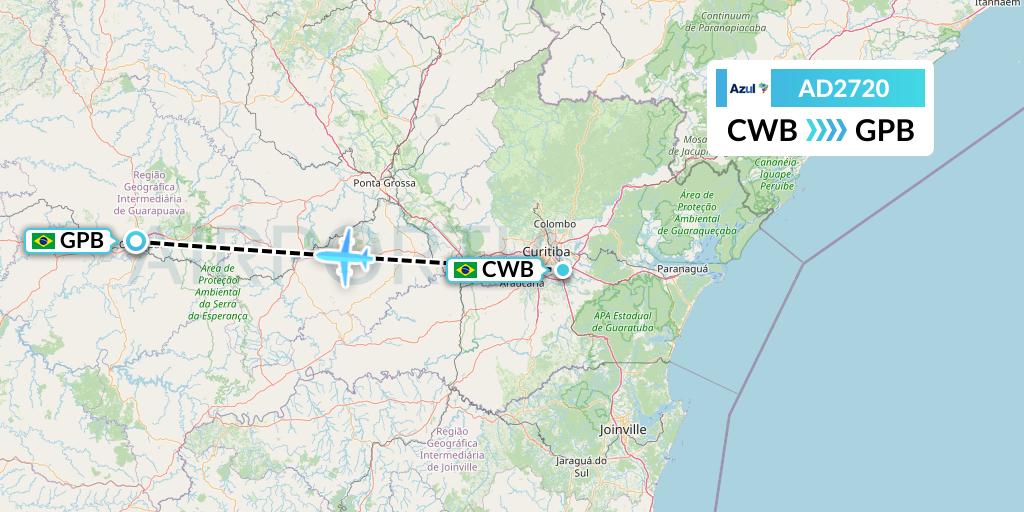 AD2720 Azul Brazilian Airlines Flight Map: Curitiba to Guarapuava