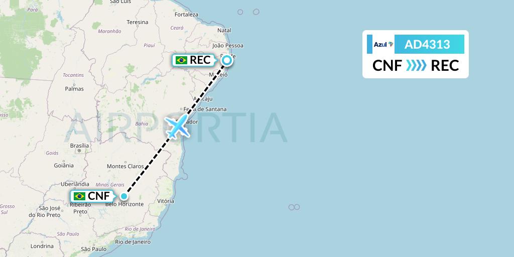 AD4313 Azul Brazilian Airlines Flight Map: Belo Horizonte to Recife