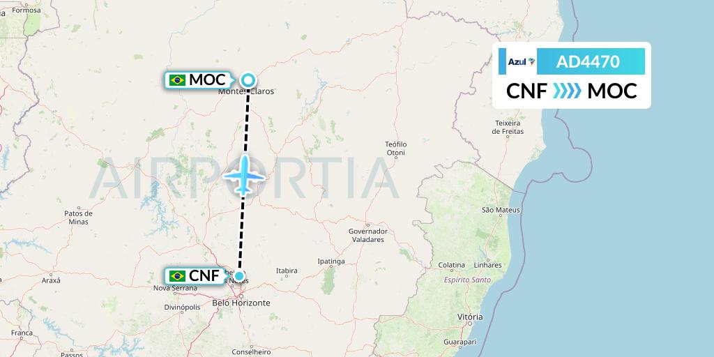 AD4470 Azul Brazilian Airlines Flight Map: Belo Horizonte to Montes Claros