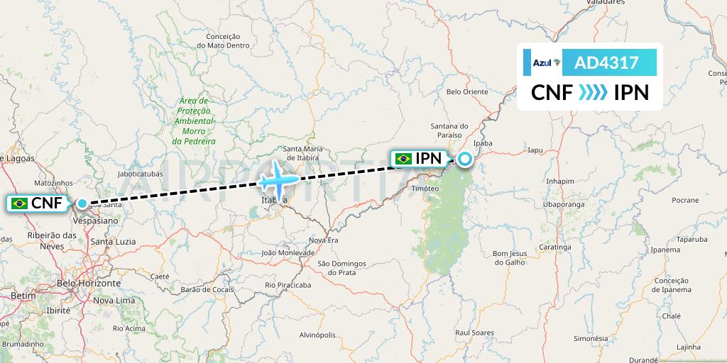 AD4317 Azul Brazilian Airlines Flight Map: Belo Horizonte to Ipatinga