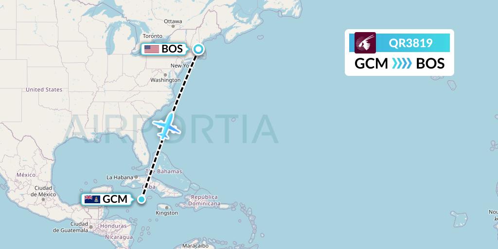 QR3819 Qatar Airways Flight Map: George Town to Boston