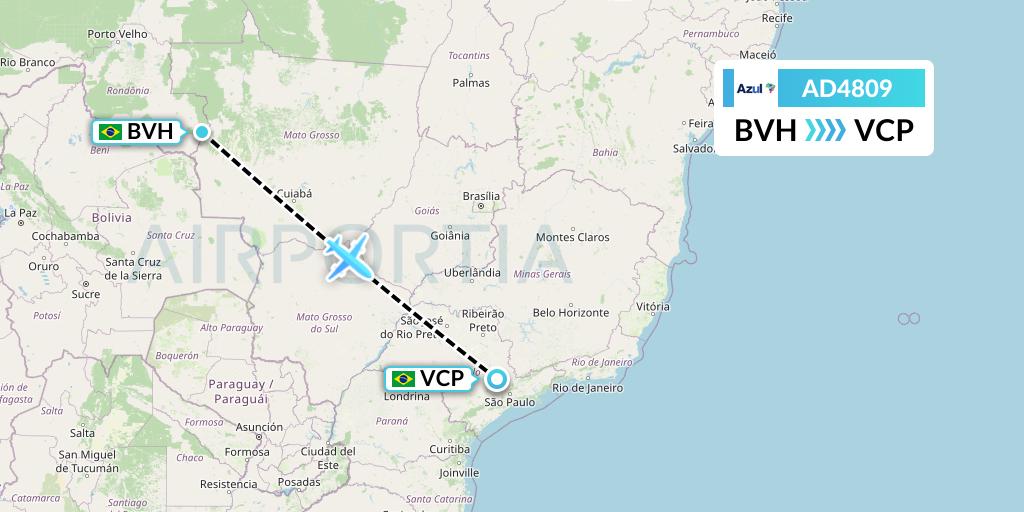 AD4809 Azul Brazilian Airlines Flight Map: Vilhena to Campinas