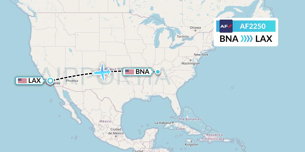 AF2250 Air France Flight Map: Nashville to Los Angeles