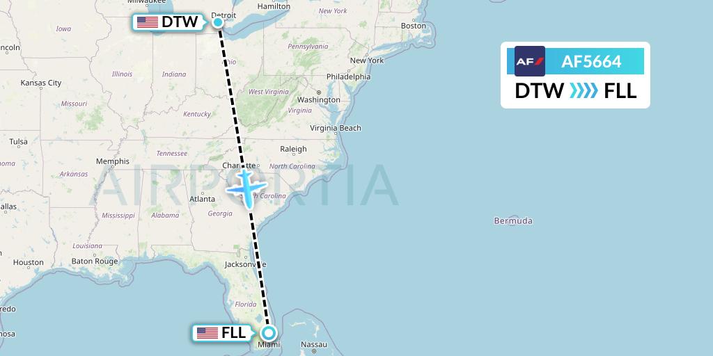 AF5664 Air France Flight Map: Detroit to Fort Lauderdale