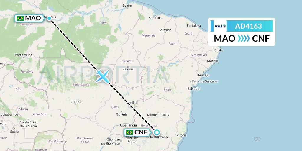 AD4163 Azul Brazilian Airlines Flight Map: Manaus to Belo Horizonte