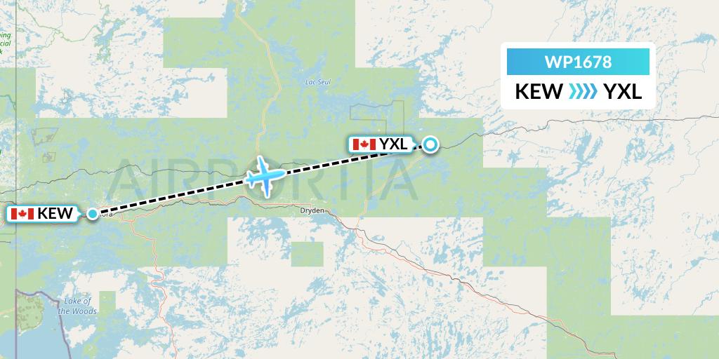WP1678 Wasaya Airways Lp Flight Map: Keewaywin to Sioux Lookout