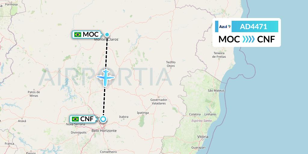 AD4471 Azul Brazilian Airlines Flight Map: Montes Claros to Belo Horizonte