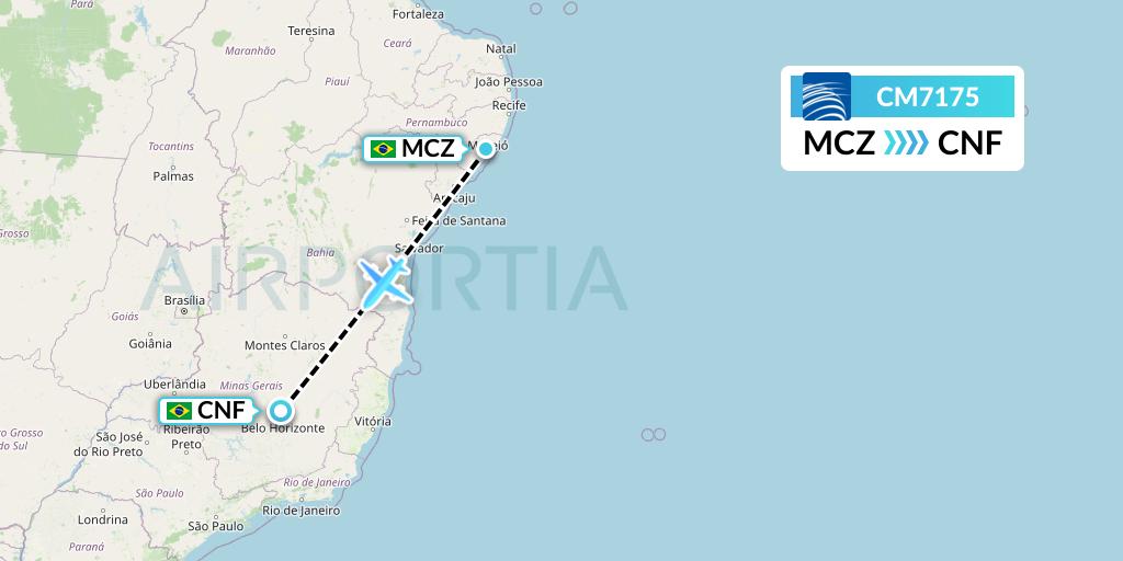 CM7175 Copa Airlines Flight Map: Maceio to Belo Horizonte