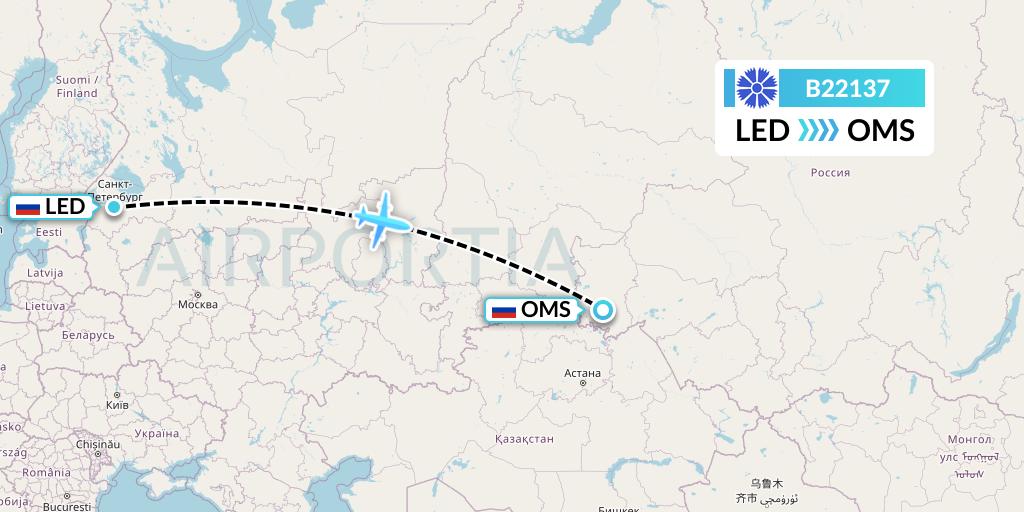 B22137 Belavia Flight Map: St. Petersburg to Omsk