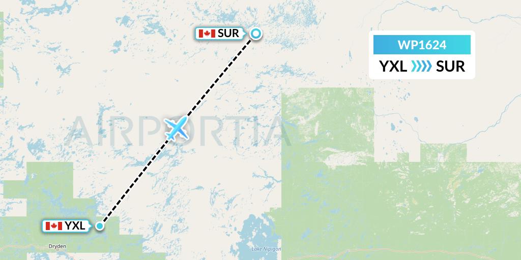 WP1624 Wasaya Airways Lp Flight Map: Sioux Lookout to Summer Beaver