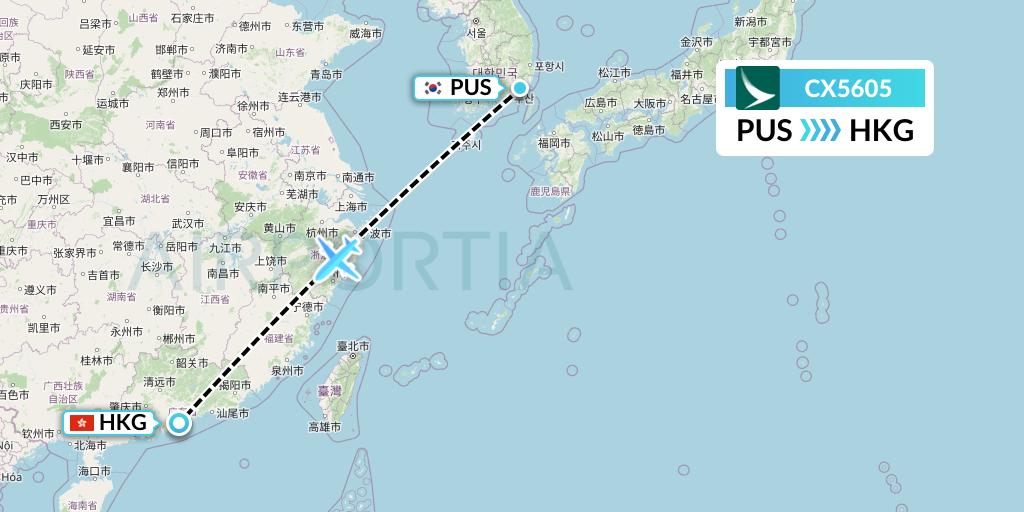 CX5605 Cathay Pacific Flight Map: Busan to Hong Kong