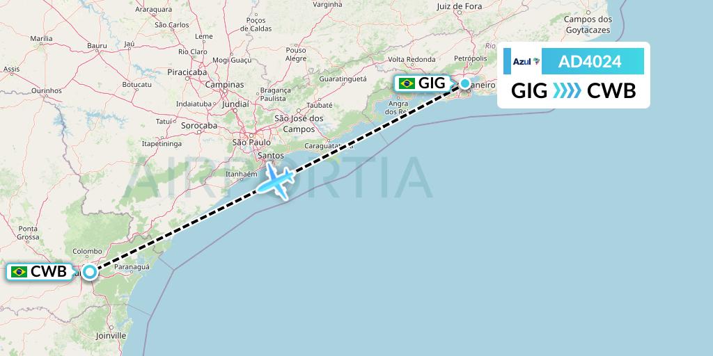 AD4024 Azul Brazilian Airlines Flight Map: Rio de Janeiro to Curitiba