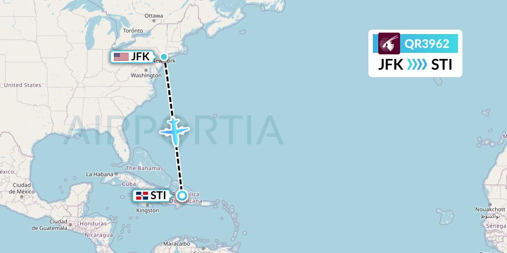 QR3962 Qatar Airways Flight Map: New York to Santiago de los Caballeros