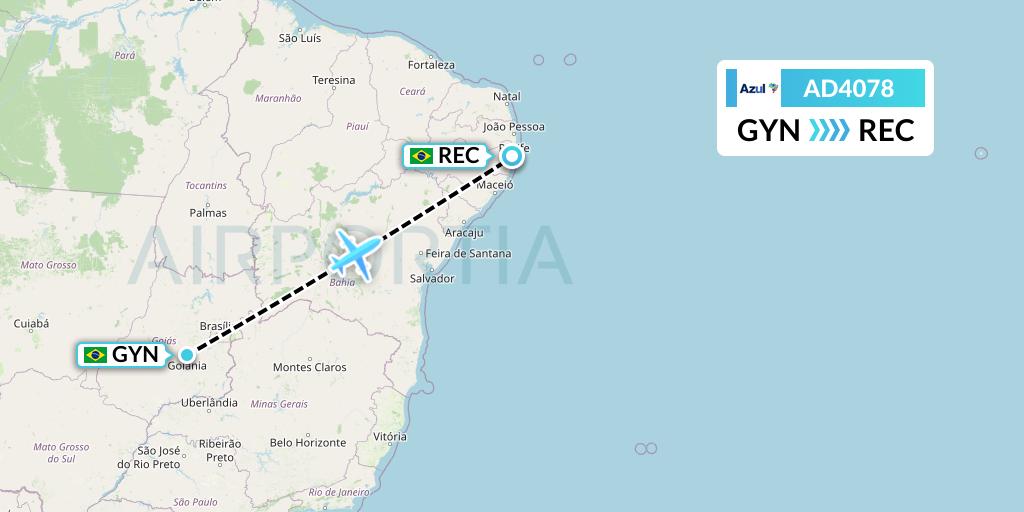 AD4078 Azul Brazilian Airlines Flight Map: Goiania to Recife