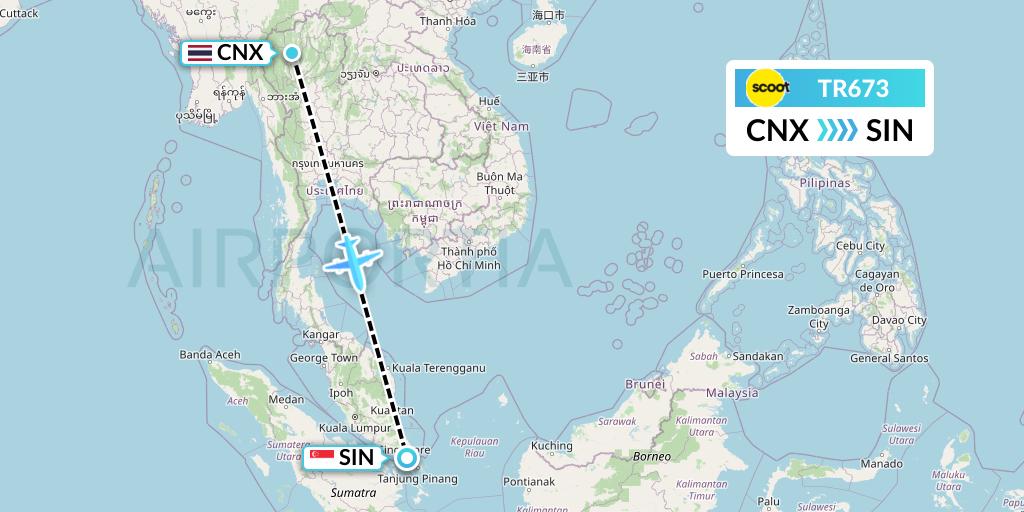 TR673 Tigerair Flight Map: Chiang Mai to Singapore