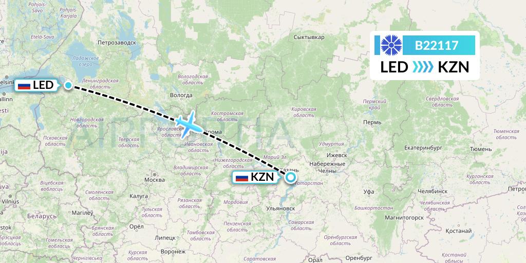 B22117 Belavia Flight Map: St. Petersburg to Kazan