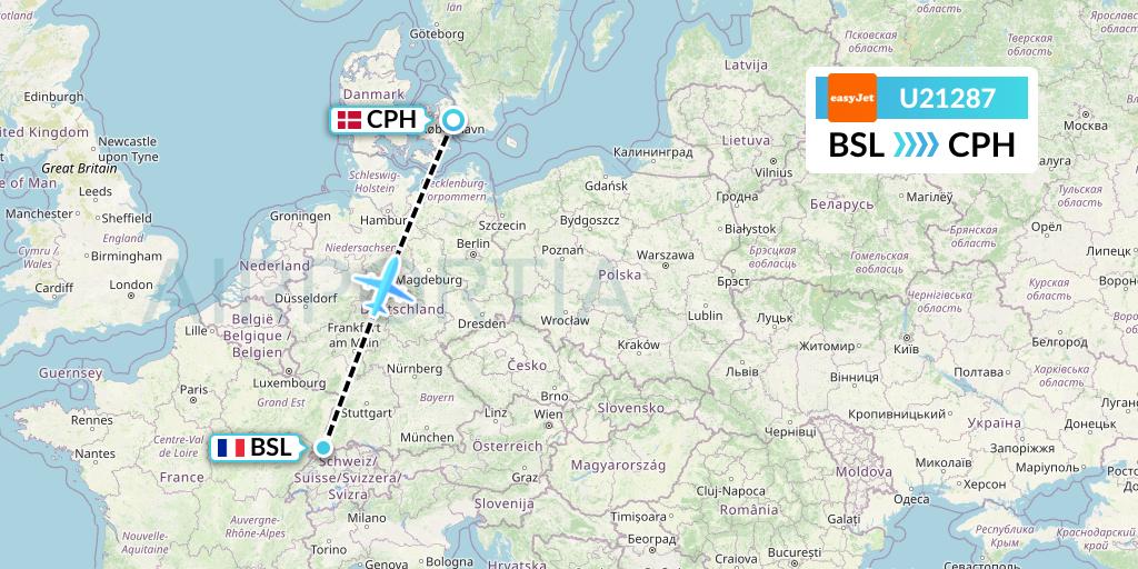 U21287 EasyJet Flight Map: Basel to Copenhagen