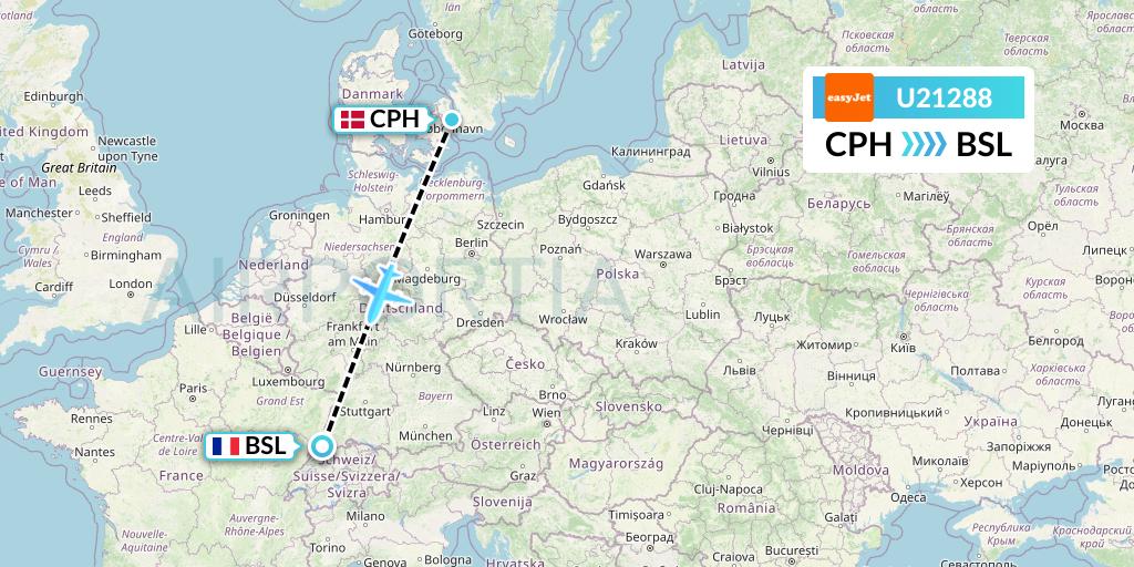 U21288 EasyJet Flight Map: Copenhagen to Basel