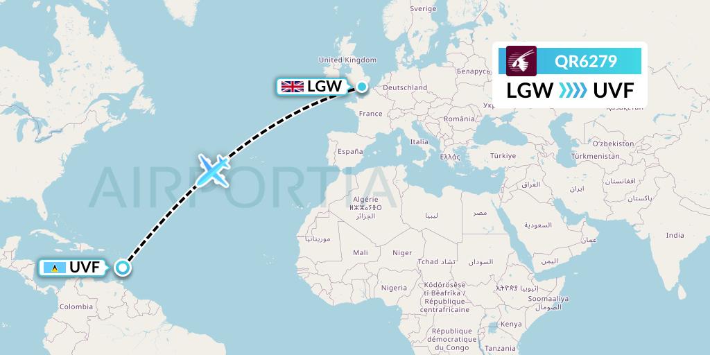 QR6279 Qatar Airways Flight Map: London to Vieux Fort