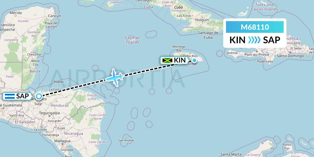 M68110 Amerijet International Flight Map: Kingston to San Pedro Sula