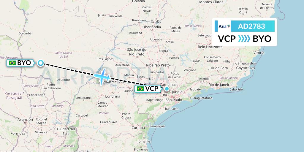 AD2783 Azul Brazilian Airlines Flight Map: Campinas to Bonito