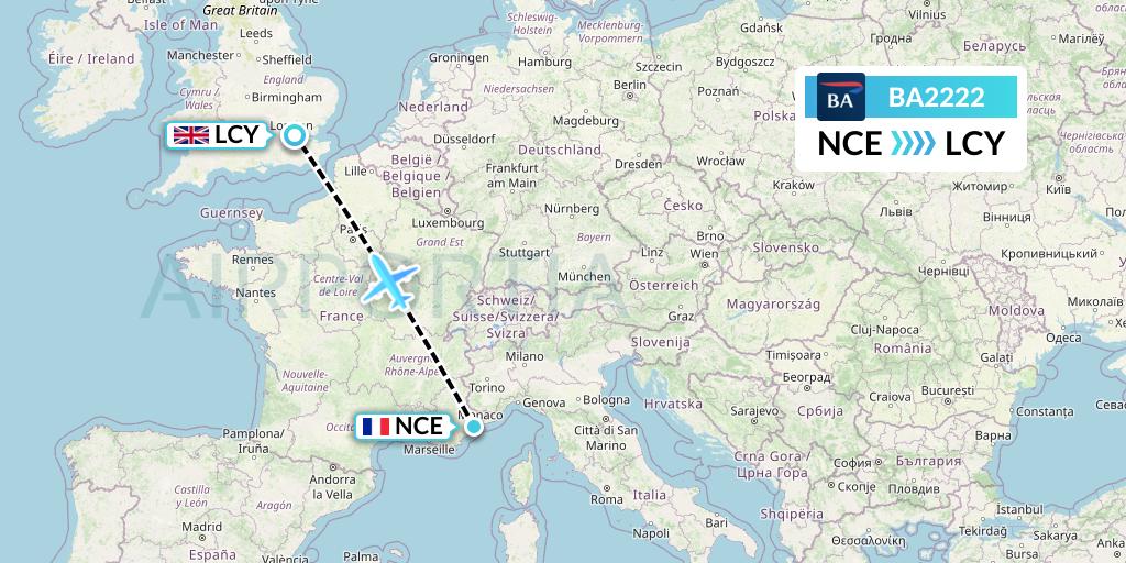 BA2222 British Airways Flight Map: Nice to London
