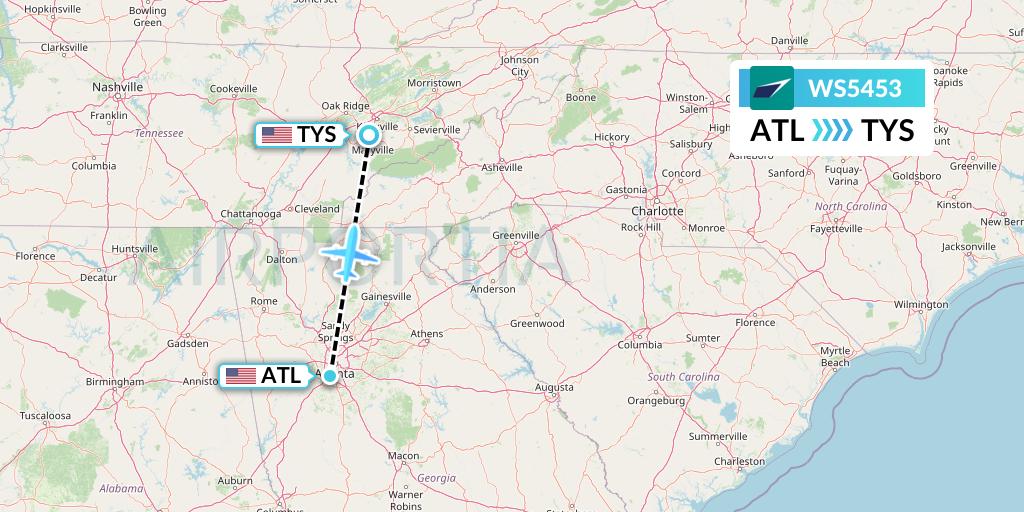 WS5453 WestJet Flight Map: Atlanta to Knoxville