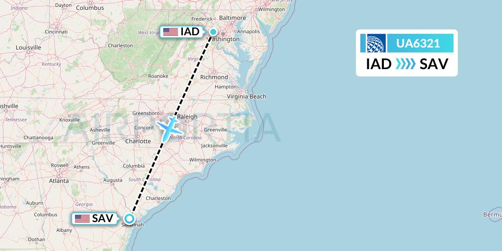UA6321 United Airlines Flight Map: Washington to Savannah