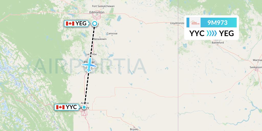 9M973 Central Mountain Air Flight Map: Calgary to Edmonton