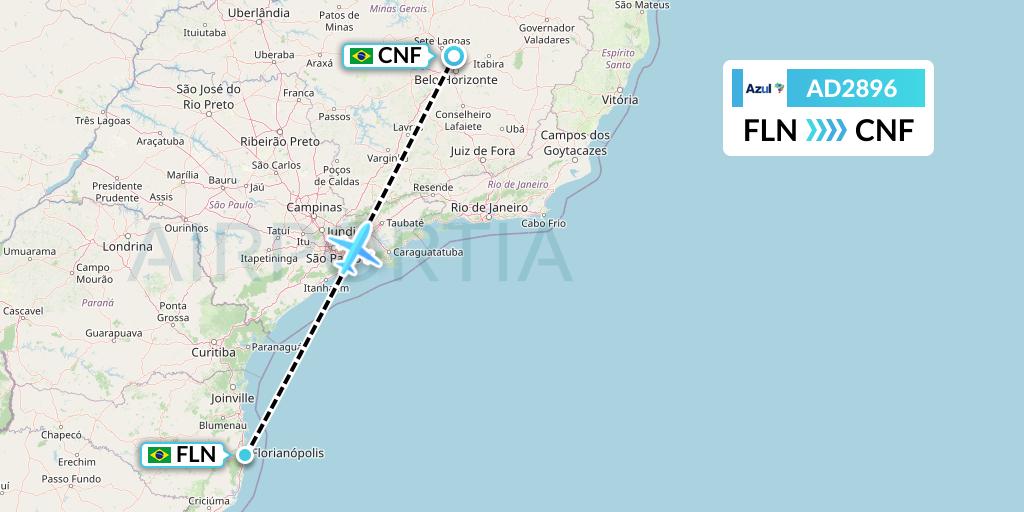 AD2896 Azul Brazilian Airlines Flight Map: Florianopolis to Belo Horizonte
