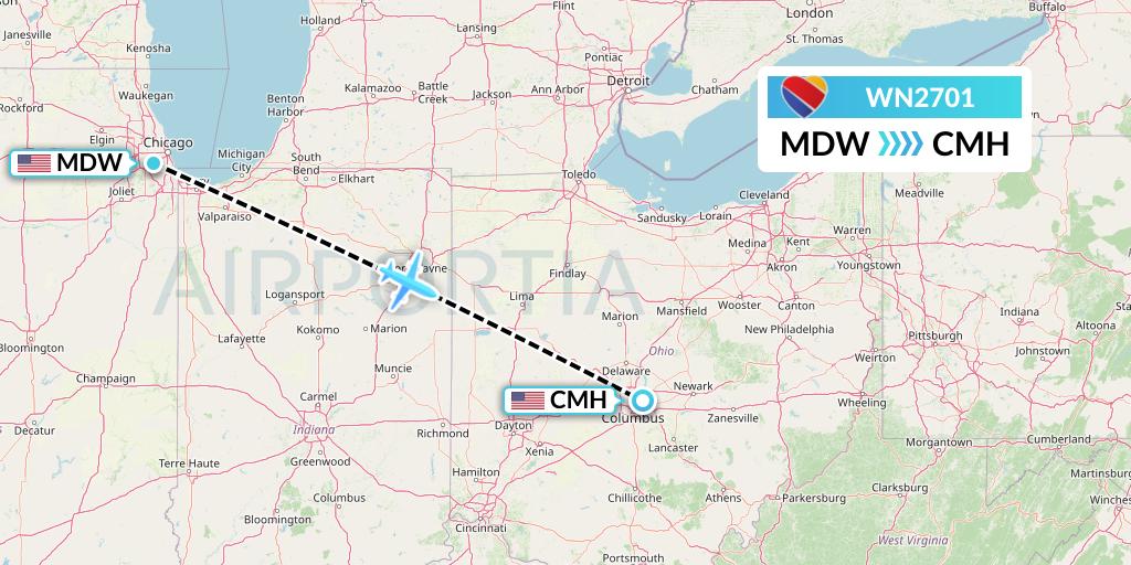 WN2701 Southwest Airlines Flight Map: Chicago to Columbus